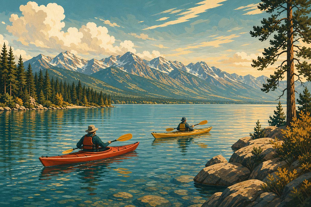 Two sea kayakers paddling open water on Flathead Lake with mountains behind