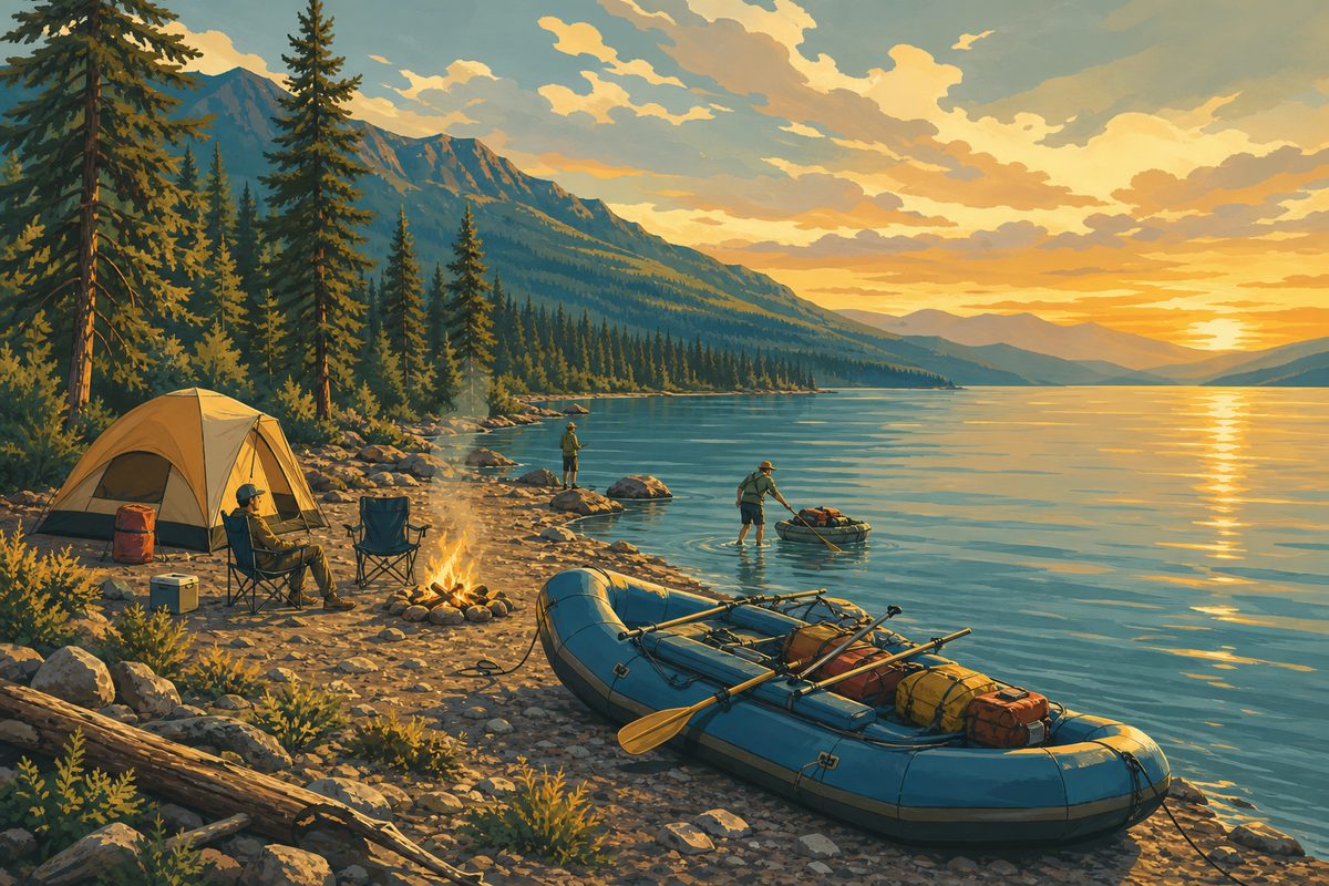 A loaded raft camp on a lakeshore state park at sunset, tent and campfire