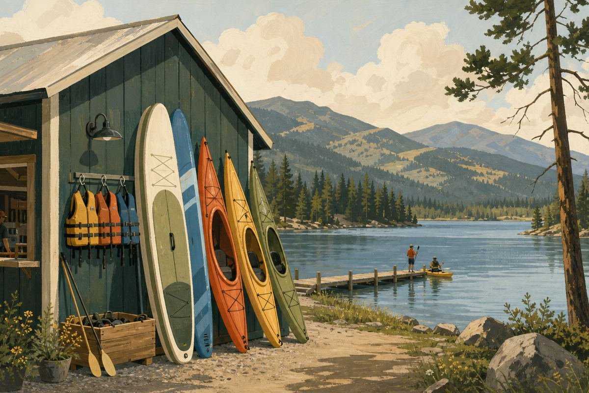 Kayaks, a paddleboard and life jackets racked outside a lakeside rental shed