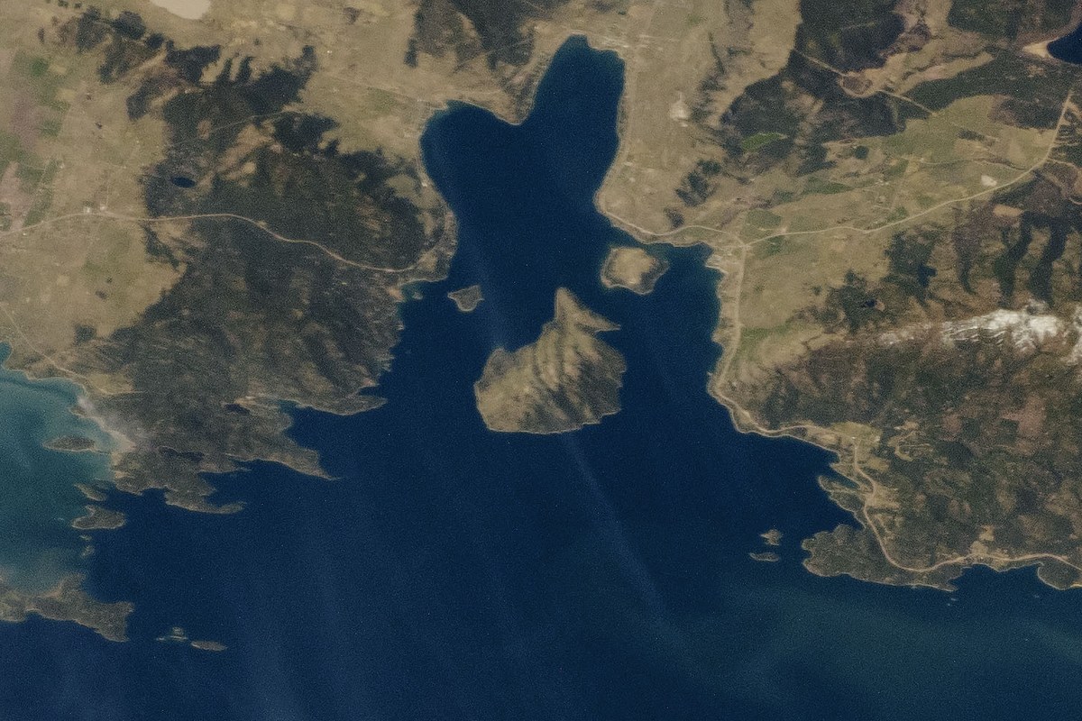Wild Horse Island seen from orbit, a wedge-shaped island at the mouth of Big Arm Bay
